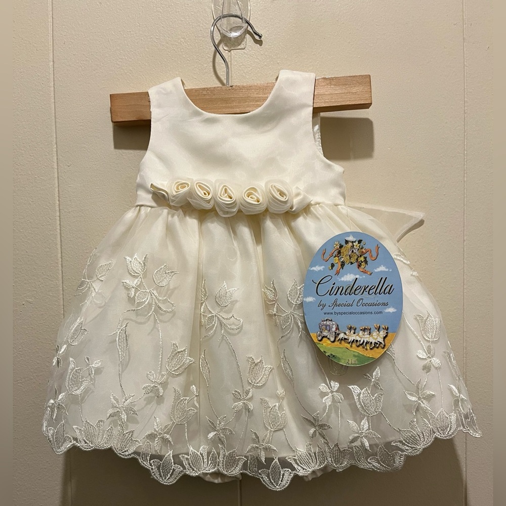 Cinderella Ivory Baby Dress with Floral Appliqué—6M